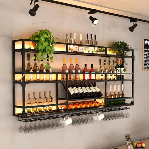 Estante Para Vino de Pared, Estante de Exhibición de Botellas de Metal, Estante Para Colgar Copas de Vino, Adecuado Para Bar en Casa, Cafetería, Decoración de Restaurantes (BLACK, 100*25*90CM)