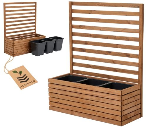 Pflanzkübel mit Rankgitter Spalier mit Pflanzkasten Blumenkasten aus Holz für Garten Balkon Terrasse Hochbeet mit 18L Kunststoff-Pflanzeneinsatz (horizontal-braun, 98x36x35 H115)