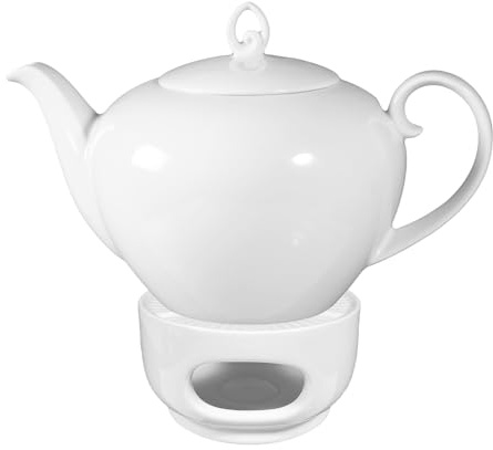 Seltmann Weiden Rondo/Liane Teekanne mit Stövchen 1,1 Liter, Klassisches Teegeschirr, Spülmaschinen- und Mikrowellenfest, Porzellan, Weiß