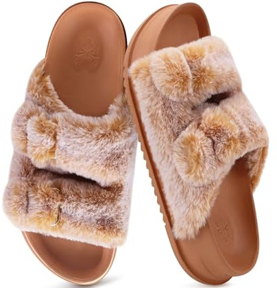 KuaiLu Zapatillas Mujer Fascitis Plantar Sandalias de plataforma Invierno Caliente Punta Abierta Pantuflas Antideslizante Goma Suela Interior Exterior, Caqui EU40