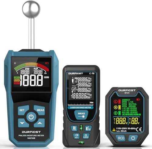 DURFICST Haustest-Kit, 3-in-1-Feuchtigkeitsmessgerät&Laser Entfernungsmesser&Steckdosentester, Feuchtigkeitsmesser Erkennt 20-40mm, 70m Entfernungsmesser mit 4 Einheiten, Steckdosenprüfer mit RCD