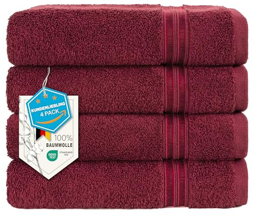 Hammetex Handtücher 50x100 cm 4er Set – 100% Baumwolle Frottier – Oeko-TEX Zertifiziert – Weich, Saugstark – mit Aufhänger, Bordeauxrot