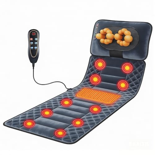 Alongstar Full Body Massage Bed Mat with Heat, 10 Motors, 9 Modes & 9 Intensities, 3 Heat Settings, Timer – Includes Neck Pillow, for Home/Office Use, Great Present for Women/Men