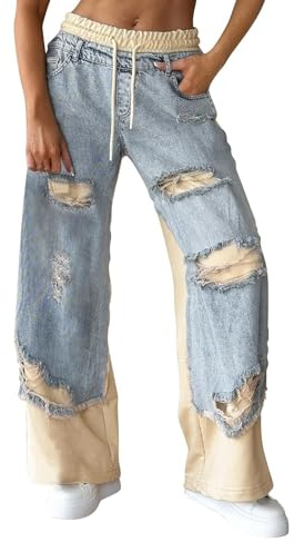 Womens Baggy Patchwork Jeans High Waisted Wide Leg Pants Vintage Boyfriend Denim Pants Casual Trousers Streetwear Blue