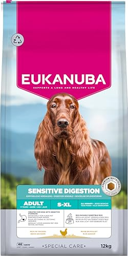 Eukanuba Sensitive Digestion hundmat med kyckling och lättsmält ris – magenvänlig special Care torrfoder för vuxna hundar med känslig matsmältning, 12 kg