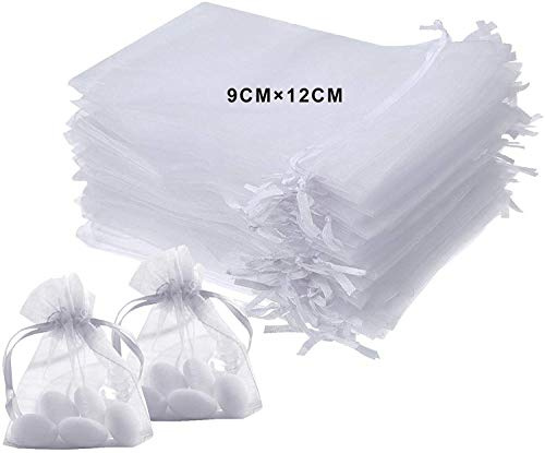 LURICO 100 Pezzi Sacchetti Regalo in Organza 9x12cm Bianco Bustina Organza Portaconfetti per Nozze Regalo Caramella Partito Gioielli