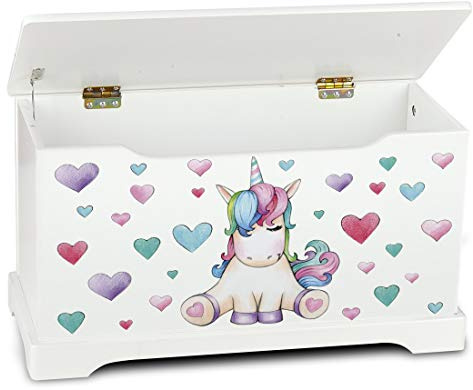 leomark Baúl Infantil 2 en 1 para Juguetes y Accesorios Caja de Almacenaje con Tapa Segura y Asiento Organizador para Habitaciones Infantiles Montaje Fácil 59x26x32 cm Diseño Unicornio