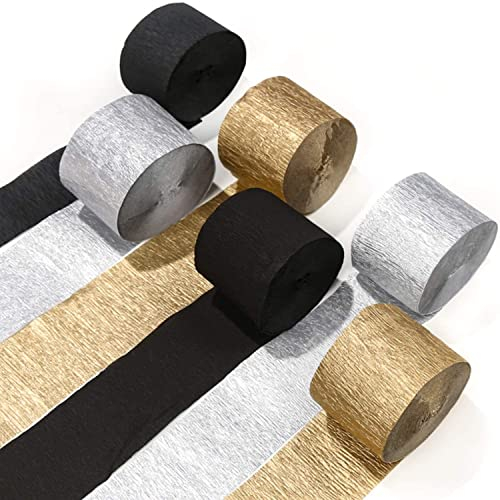 PartyWoo Krepppapier 6 Rollen 150 m, Kreppband Satz von Gold, Silber und Schwarz, Creppapier, Krepp Papier für Partydekorationen, Geburtstagsdekorationen, Hochzeitsdekorationen (4,5 cm x 25 m/Rolle)