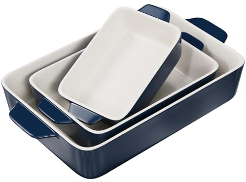 Kook Casserole Dish, Ceramic Baking Dish, Large Lasagna Pan Deep for Oven, 8.5 x 14, 11 x 7, 8 x 5, Set of 3, 92oz, 50oz, 20oz, Baking Pan with Handles, Oven Safe and Durable, Home, Gift, (Navy)
