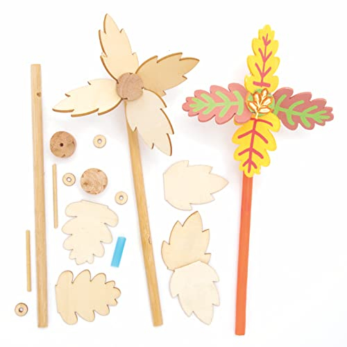 Baker Ross FE648 Autumn Wooden Windmill Kits - Pack of 4, Windmills for Garden, Make Your Own Wind Spinner, Wooden Crafts for Children to Make, Decorate and Display