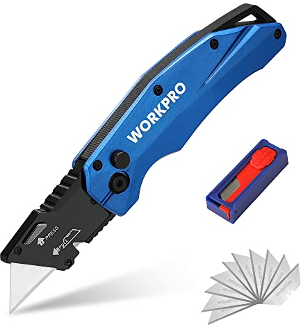 WORKPRO Coltello Taglierino, con 10 Lame di Ricmabio, Taglierino Blu, Lame a Cambio Rapido, Adatto per Tagliare Carta, Cartone, Plastica