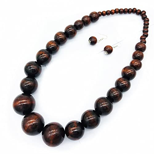 Colorful African Wooden Beaded Choker Neckalce Drop Dangle Earrings Set Chunky Strands Beads Large Bib Collar for Women 60's 70s Wedding Bohemain Jewelry-Wooden