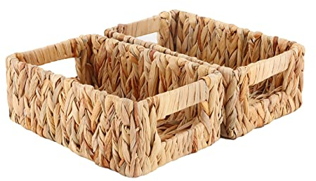 YAHUAN Gewebte Wasserhyazinthe-Körbe zum Organisieren, rechteckige Weidenkörbe mit integrierten Griffen, kleine Aufbewahrungskörbe für Regale, Küche, Make-up, Toilettenpapier (Wasserhyazinthe 2 Stück)