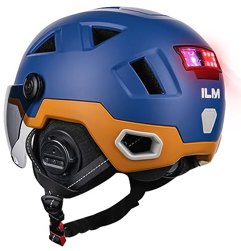 ILM Smart Bluetooth Fahrradhelm Damen Herren mit Visier Warnung Bremse LED Lichtsensor Lichtfunktion Kopfneigen Blinken Auszulösen Modell E3-12LSBT,Bluetooth Blau-Gelb,S/M