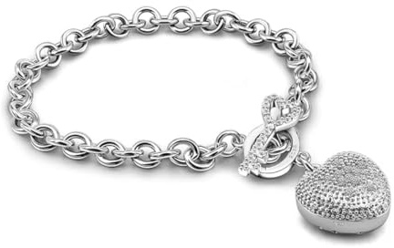 Dankadi Pulsera con corazón y llave engastada de circonio, plata 925, pulsera de eslabones para mujer, ancho de 6 mm, con colgante de amor vacío, en forma de cierre brillante, para amiga mamá, 16CM