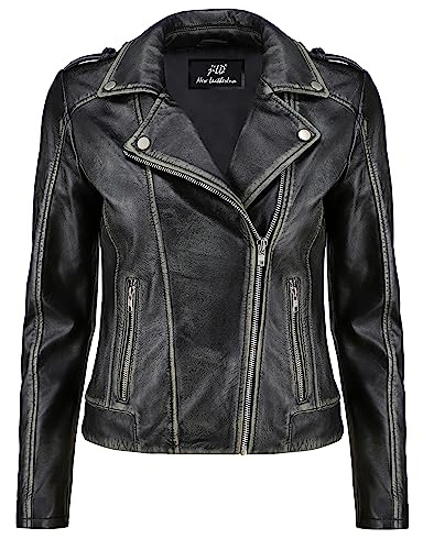 Jild Biker Style Vintage Leather Jacket Women - Casual Fashion Motorcycle Zip-Up Lightweight Coat Collar Women Leather Jacket (Distressed-L)