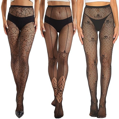 MANZI 3 Pairs Halloween Suspender Tights Ladies Black Fish Net Stockings Halloween Fishnet Patterned Tights for Women(Spiderweb/Spider/Skull)