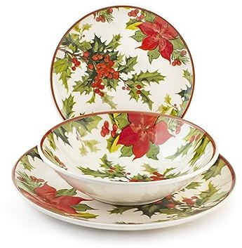 H&H Holly Jolly - Servicio de mesa, 18 platos, de gres, Navidad, fiestas
