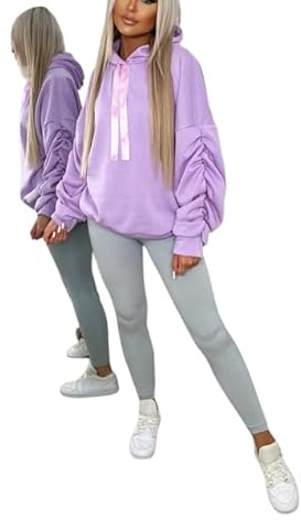 Crazy Girls Women's Ruched Sleeve Oversized Ladies Ribbon Hoodie Jumper top (UK, Numeric, 20, 22, Plus, Regular, lilac)