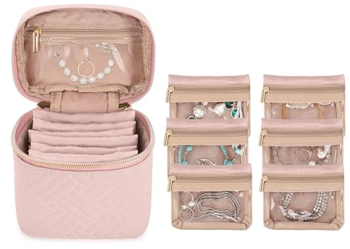 Teamoy Borsa da Viaggio per Gioielli Organizzatore Borsa per Gioielli Portatile con 6 Tasche con Cerniera Custodia da Viaggio per Gioielli per Collana, Bracciale, Orecchini, Anelli-Rosa