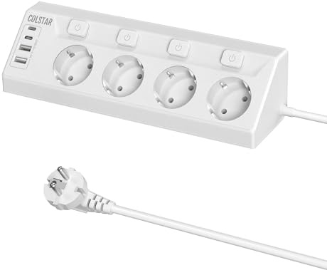 COLSTAR Steckdosenleiste mit USB C & USB, 4-Fach Ecksteckdose einzeln schaltbar, 16A 4000W Mehrfachstecker,tischsteckdose mit 2m Kabel – für Küche, Büro, Zuhause, Werkstatt