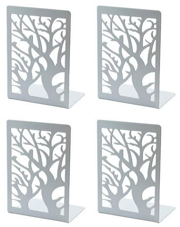 Strehknewen 2 Paar Buchstützen Weiß Metall – Baumzweig-Design, rutschfest, 17.5x12x9cm, Deko Buchhalter für Büro, Zuhause, Schule, Bücherregal Organizer