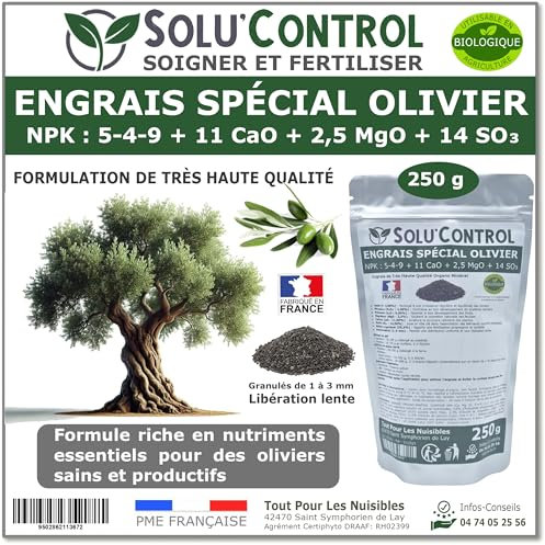 ENGRAIS Spécial OLIVIER 250 g - SoluControl - Formulation haute qualité Organo-Minerale - NPK 5-4-9 - Utilisable en Agriculture BIOLOGIQUE