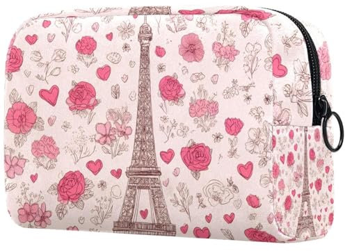 Romantico pochette per cosmetici da donna, con Torre Eiffer, rosa, per articoli da toeletta da viaggio, grande, pratica borsa organizer con cerniera