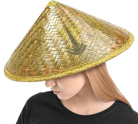 xowwyue Sombrero de arroz chino de ratán hecho a mano, sombreros vietnamitas de paja con correa ajustable para la barbilla, gorra de lluvia turística para pesca, jardinería, camping, senderismo, al