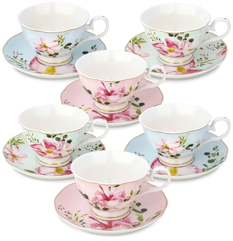 fanquare Set di 6 Tazze da Tè e Piattini con Motivi Floreali, Diversi Fiori dai Colori Pastello Tazza da Caffè in Porcellana con Bordo Dorato, Lavabile in Lavastoviglie e Resistente al Congelatore