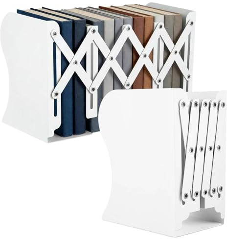 Kievano Serre-Livres Extensible – Étagère Livre en Métal Réglable 10–50 cm, Serre-Livres à 3 Niveaux, Antidérapant et INOX, Blanc, pour Bureau, Étagère et Maison