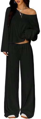 TFNOSIZE Completo Donna 2 Pezzi Coordinato con Maglia Maniche Lunghe e Pantaloni Larghi Vita Alta Stile Casual Elegante
