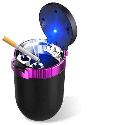 Fkewp Car Ashtray with Lid, Smokeless Stainless Steel Cup Holder Ashtray with LED Light, Windproof Cigarette Ash Tray Detachable Trash Can for Vehicle Home Outdoor, Car Accessories (Purple)
