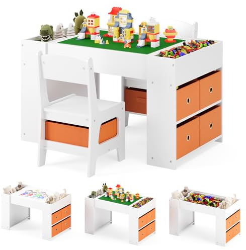 Xbro Mesa y Sillas Infantiles, Mesa con Bloques y 2 Sillas, Niños Mesa con Reversible y 8 Cajeros de Tela Laterales, Set de Muebles Infantil, Blanco