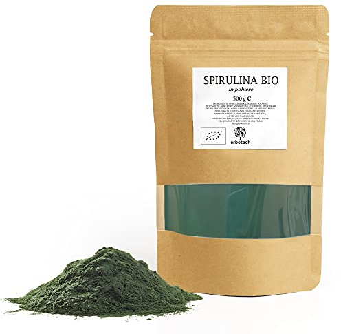 ERBOTECH Polvere di Spirulina BIO, Busta da 500 g, Ricca di Proteine, Calcio e Vitamine, Ricca di Nutrienti, Supporto Biologico, Vegan, Made in Italy