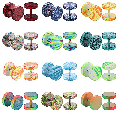 FIBO STEEL12 Pairs Faux Gauge Earrings Stainless Steel Stud Earrings for Men Women Cheater Fake Ear Plugs Gauges Tunnel