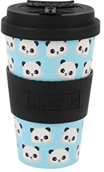IDRINK®- Tazza in RPET per Caffé con Tappo in Silicone Apribile, Facile da Portare 435 ml, Mug Takeaway Plastica Riciclata 8.7 x 8.7 x 15 cm Ergonomica 435 ml (PANDA)