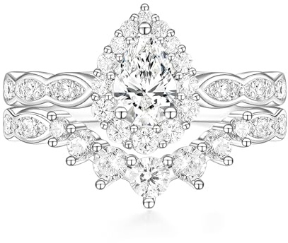 TIGRADE 1CT Bridal Ring Sets Teardrop Wedding Band Vintage Pear Cubic Zirconia Engagement Ring Halo CZ Promise Ring Gift for Women Size 3-12.5, Silver, Size 4