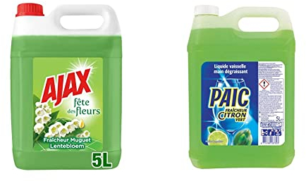 Ajax Nettoyant Ménager - Multi surfaces & Sol - Fête des Fleurs, Parfum Muguet - Sans rinçage - Grand Format Bidon de 5L & PAIC - Liquide vaisselle Fraîcheur Citron Vert - Bidon de 5L