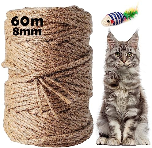 Corde Arbre à Chat 60M x 8MM, 1 Pièces Corde en Sisal Naturelle, Ficelle Arbre à Chat, Corde Sisal pour Remplacement, Jardinage DIY, Décoration de Maisons