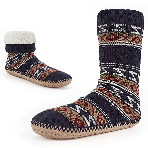 Cozylook Mens Slipper Socks Fleece Lined Non-slip Soles, Winter Soft Thick Cozy Home Boots, Warm Fuzzy House Shoes Indoor, Cable Knit Navy, 12-13