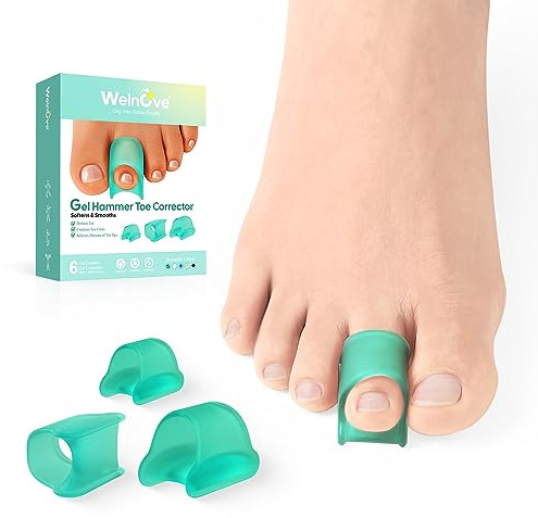 Welnove Hammertoe Corrector - 6 Pack Toe Splints - Soft Gel Toe Straighteners - Realign Bent, Curled, Crooked, Claw, Hammer Toes, 3 Different Sizes (Green)