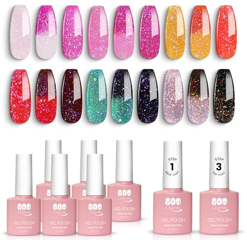 YTD Likomey UV Gel-lack Nagellack Set,6 Färger Glitter Temperaturfärg Nagellack med Base Coat och Top Coat Kit,Färgskiftande Manikyr Gel Polish,Kameleontfärg Gellack,8 Pcs 7.5ml