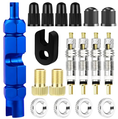 UGBO Llave Obus Valvula Presta Kit Herramientas Removedor de Núcleo de Cabezal + 2 Adaptador de Válvula + 20 Núcleos Válvula Presta + 4 Tuercas de Llanta + 6 Tapones Valvula para Bicicleta Coche Moto