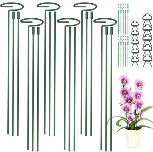 Hanotic 6Pcs Plant Support Stakes, Upgrade 30cm, 60cm,90cm Adjustable Garden Single Stem Metal Plant Support Rings, with 10 Plant Clips and 10 Twistties for Peonies Tomatos Plant Climbing