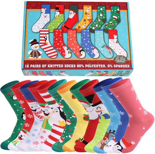 JOFONY 12 Paar Weihnachtssocken,Adventskalender Socken Damen/Herren,Weihnachten Kuschelsocken,Bunt Christmas Socks Wintersocken,Weihnachtssocke für Weihnachtsgeschenke(Größe 35-42)
