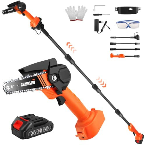 2 in 1 Cordless Pole & Handheld Garden Chainsaw,6 inch Mini Handheld Chain Saw Pruning Shears Chainsaw,2.3m Long Reach Telescopic Pole,Battery Powered Electric Saws for Tree Trimming,Branche