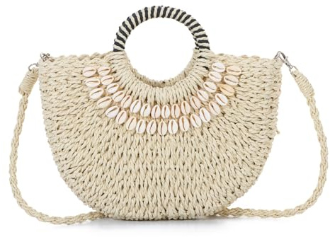 EVEOUT Sac Bandoulière en Paille Femmes été Boho Sac Panier Rond en Rotin Tissé Sac à Main Raphia avec Décoration Coquillage pour Plage Vacances(Beige)