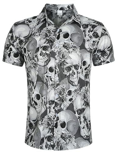 Goodstoworld Mens White Shirt Funny Stag Hawaii Graphic Festival Bad Taste Funky 3D Print Shirts Skeleton Skull Ugly Casual Crazy Rave Party Summer, XL