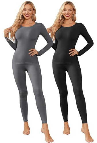 Ekouaer 2-pack termounderkläder, damer, vinter, topp och underdelar, skidunderkläder, varma termounderkläder, set, elastisk, termoundertröja, andas, S–XXL, Svartgrå, XL